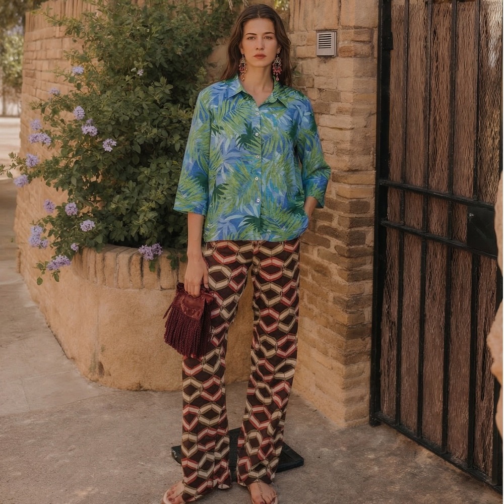 French Laundry Petite Tropical Leaf Print Silk Linen Button Up‎ Shirt Womens PXL